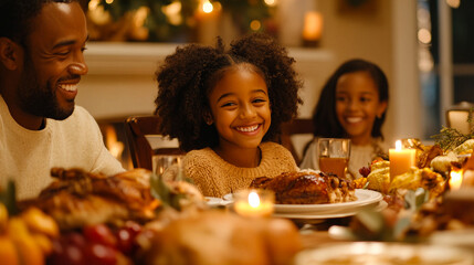 Family gathering at a cozy dinner table filled with holiday dishes in the warm glow of candlelight