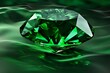 A large, emerald green gemstone with many facets rests on a green satin-like surface.