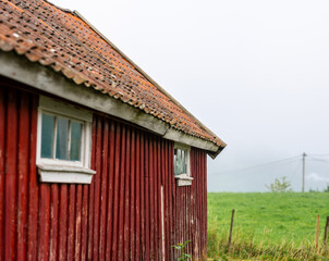 Wall Mural - Red barn with uneven roof next to a field.