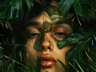 Wall Mural - Woman's Face with Leaves - Beauty in Nature Photography