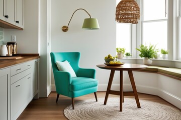 Wall Mural - Stylish Kitchen Nook Featuring Mint Armchair and Bright White Wall Design