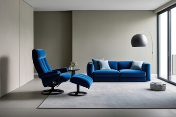 Wall Mural - Spacious Modern Interior Design Featuring a Blue Recliner and Pale Grey Wall