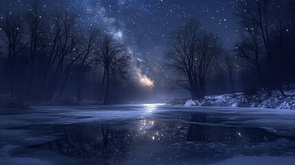 Wall Mural - Frozen pond in a winter forest under a starlit sky, with the ice reflecting the stars and the bare trees silhouetted against the night. 4K hyperrealistic photo.