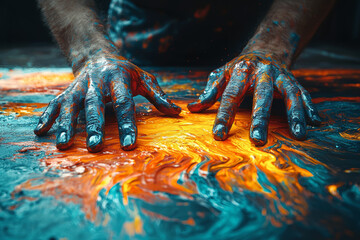 Canvas Print - A person painting with their fingers, creating art without boundaries. Concept of uninhibited creativity and the joy of making a mess.