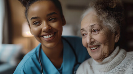 A home health care worker assists an elderly woman in her home