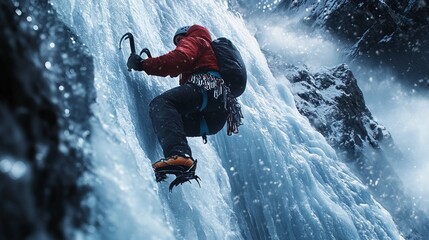 Ice climber hanging mid-climb on a frozen waterfall, with ice tools and crampons digging into the sparkling ice. 4K hyperrealistic photo.