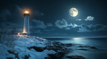 Wall Mural - Snow-covered lighthouse on a rocky shore under a full moon, with the light from the beacon cutting through the cold night. 4K hyperrealistic photo.