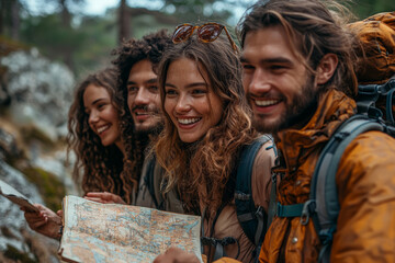 Wall Mural - A group of friends planning a road trip, their conversation filled with excitement and laughter. Concept of adventure and joyful anticipation.