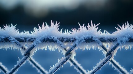 Detailed shot of frost on a metal chain link fence, with the ice crystals creating a sharp, cold texture. 4K hyperrealistic photo.