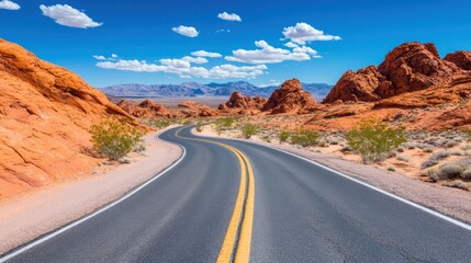 Sticker - A road curves through a desert landscape with red rocks, AI