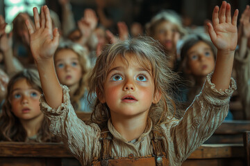 Sticker - A classroom of children eagerly raising their hands, full of curiosity and excitement for learning. Concept of boundless enthusiasm for knowledge.