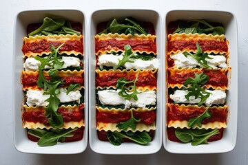 Wall Mural - Gourmet Tricolor Lasagna with Ricotta Layers and Fresh Seasonal Greens on White Background