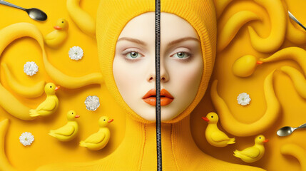 Canvas Print - A woman with yellow hair and a zipper in her face, AI