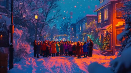 Wall Mural - Heatmap of a Christmas caroling group, with vibrant colors around the singers and cooler tones in the surrounding neighborhood. 4K hyperrealistic photo.