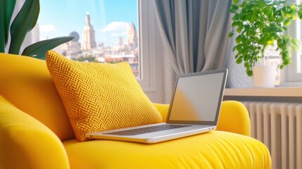 Sticker - A laptop computer sitting on a yellow chair in front of a window, AI