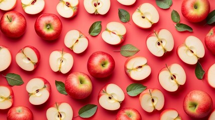 Colorful pattern of fresh ripe whole and sliced red apples