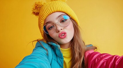 Photo portrait of pretty young girl take selfie photo kissing wear trendy colorful outfit isolated