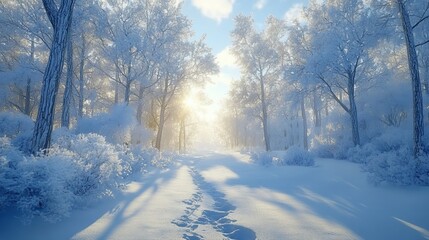 Wall Mural - Snow-covered forests, where the sun filters through frosty branches, create a magical play of light and shadow, enhancing the winter wonderland vibe. 4K hyperrealistic.