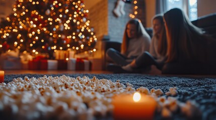 Stringing popcorn garlands for the Christmas tree, with family members gathered in a cozy living room. 4K hyperrealistic photo.