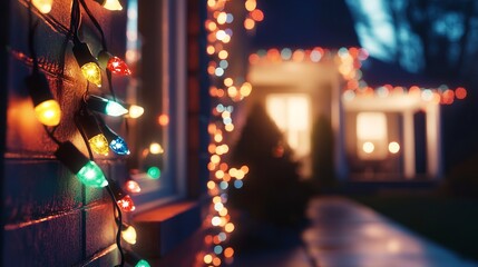 Wall Mural - Holiday lights on a house, with colors fading from warm amber to cool white, creating a festive display. 4K hyperrealistic photo.