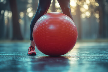 Wall Mural - A person using a balance ball to perform core exercises, showcasing balance and stability training. Concept of core strength and stability.