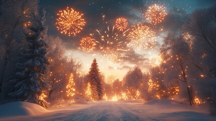 Wall Mural - Fireworks over a snow-covered forest, with trees illuminated by the colorful explosions and the night sky glowing with light. 4K hyperrealistic photo.