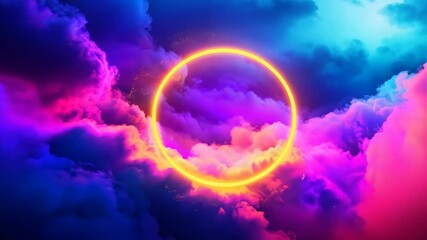 Wall Mural - A vibrant neon glowing circle floating in the middle of a cloud of colorful mist.