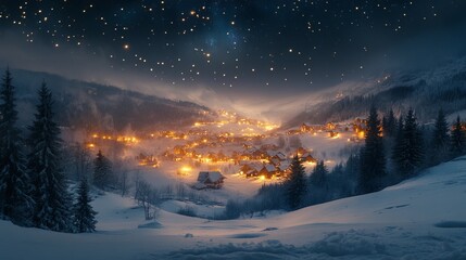 Sticker - Snowy hillside with a distant, glowing village under a starry sky, with the snow-covered ground reflecting the light of the village. 4K hyperrealistic photo.