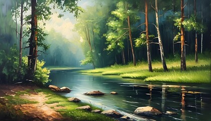 Wall Mural - Serene Summer Landscape of a Forest River and Lake in an Oil Painting Illustration