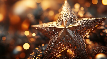 Wall Mural - Close-up of a Christmas star ornament, with its metallic surface and intricate patterns reflecting holiday lights. 4K hyperrealistic photo.