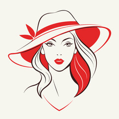 Wall Mural - Simple line art logo of a woman wearing a hat, on a white background, vector illustration. Beautiful Woman in Hat Vector.