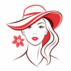 Wall Mural - Simple line art logo of a woman wearing a hat, on a white background, vector illustration. Beautiful Woman in Hat Vector.