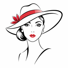 Wall Mural - Simple line art logo of a woman wearing a hat, on a white background, vector illustration. Beautiful Woman in Hat Vector.