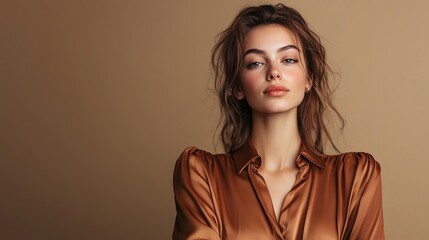 Photo of lovely stunning pretty lady wear brown satin trendy blouse demonstrate empty space isolated on khaki color background