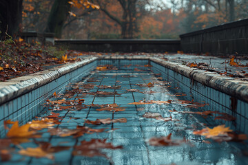 Canvas Print - A clean, sparkling swimming pool contrasted with a murky, neglected pool filled with leaves and debris. Concept of maintenance versus disrepair.