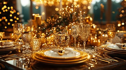 Festive golden dinner table setting with gold-rimmed plates, golden cutlery, and glittering gold centerpieces, under a chandelier of golden lights. 4K hyperrealistic photo.