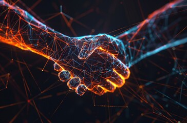 Hand shake, cyber agreement. Technology corporate partnership. Abstract digital deal background. Low poly network connection. Finance cooperation. Virtual business teamwork partner