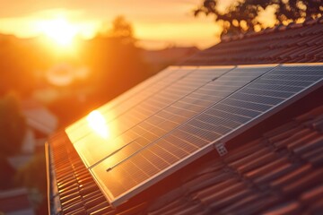 Solar panels installed on the roof of a family home, bathed in the warm light of a sunset, representing renewable energy.