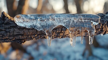 Wall Mural - Close-up of ice forming on a tree branch, with the smooth, glass-like surface of the ice contrasting with the rough bark. 4K hyperrealistic photo.