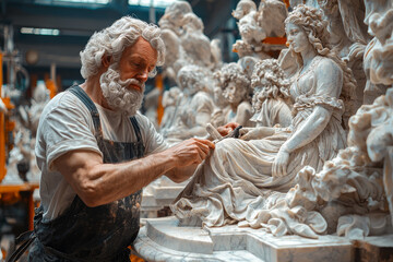 Poster - A baroque sculptor chiseling a grand marble statue in an open-air workshop, surrounded by completed works. Concept of sculpture and artistic ambition.