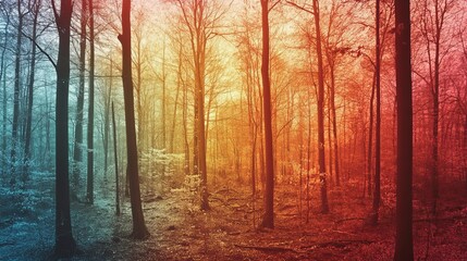 Wall Mural - Heatmap of a forest in spring, with warmer tones showing areas of new growth and cooler hues in the still dormant parts. 4K hyperrealistic photo.