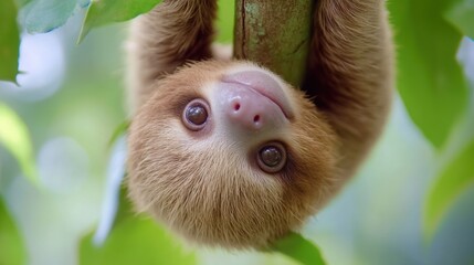 Wall Mural - A sloth hanging upside down from a tree branch with its eyes closed, AI