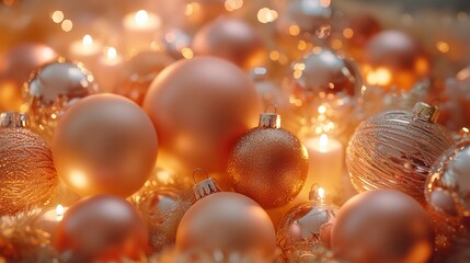 Tree ornaments arranged in a color gradient from soft peach to bright gold, catching the light from nearby candles. 4K hyperrealistic photo.