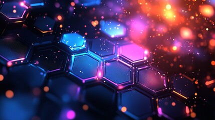 Abstract and Futuristic Hexagonal Background with Colorful and Glowing Neon Effect. Modern Technology Background.****