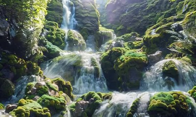 Poster - A tranquil waterfall cascading down moss-covered rocks, Video