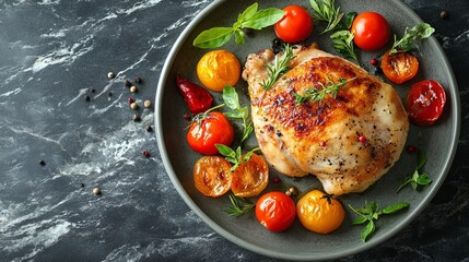 Delicious cooked chicken and vegetables on grey marble table, flat lay with space for text. Healthy meals from air fryer