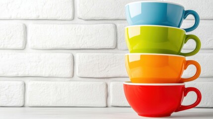 Canvas Print - A stack of colorful cups on a white brick wall, AI