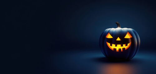 A halloween lit Jack O Lantern in a spotlight glow on a wide dark blue background
