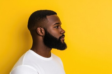 Half-portrait of a confident African American man with a beard against a bold yellow studio backdrop, free space