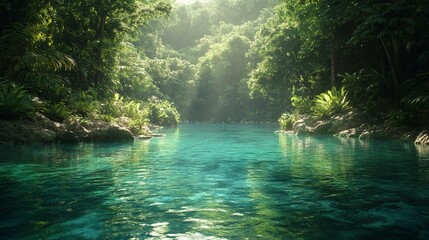 Wall Mural - Serene tropical lagoon surrounded by dense jungle, with crystal-clear water reflecting the lush green scenery. 4K hyperrealistic photo.